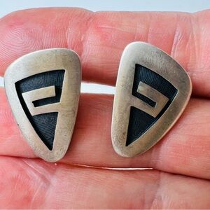 STERLING SILVER NATIVE AMERICAN HOPI SIGNED SHADOWBOX OVERLAY POST EARRINGS